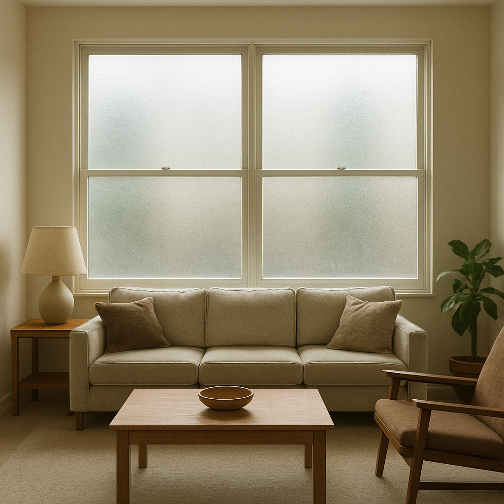 Living room with frosted glass windows