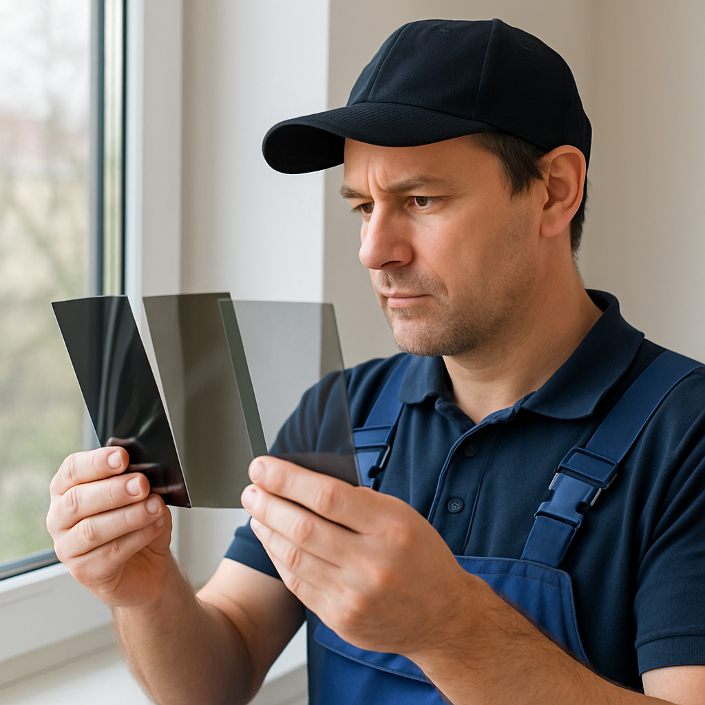 Professional installer examining window film options