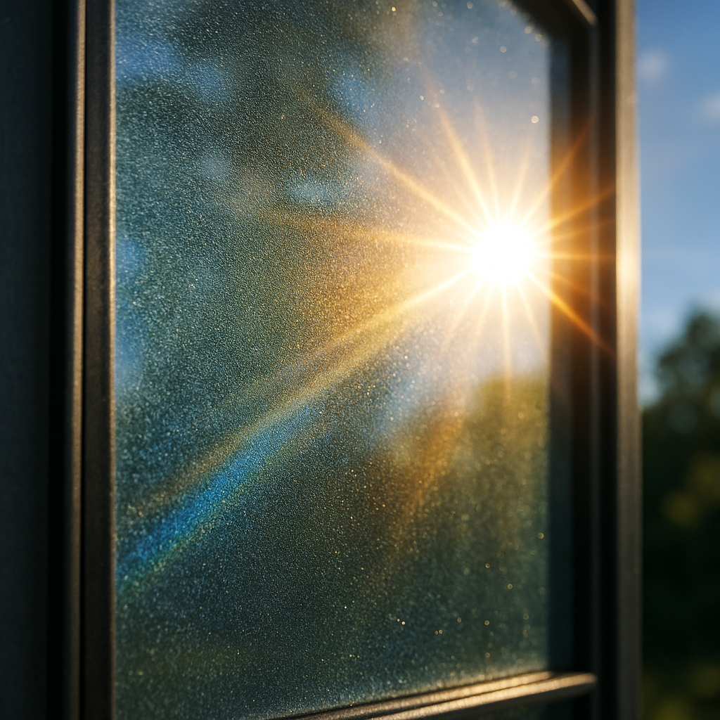Close-up of thermal window film reflecting sunlight